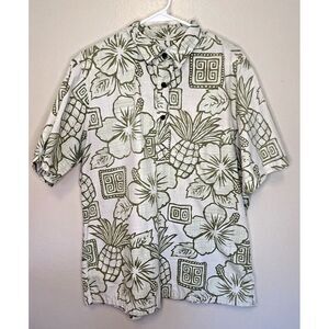 Vintage Bishop Street‎ Green Tan Hawaiian Style Shirt Pineapple Hibiscus Men's M